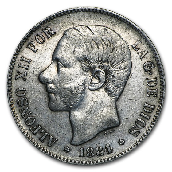 1882-1885 Spain Silver 5 Pesetas Avg Circ (ASW .7234) 1882-1885 Spain Silver 5 Pesetas Avg Circ (ASW .7234)